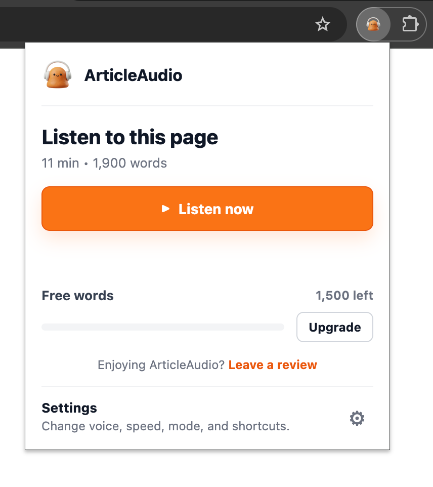 ArticleAudio popup with Listen to this page button, listening time, and word count