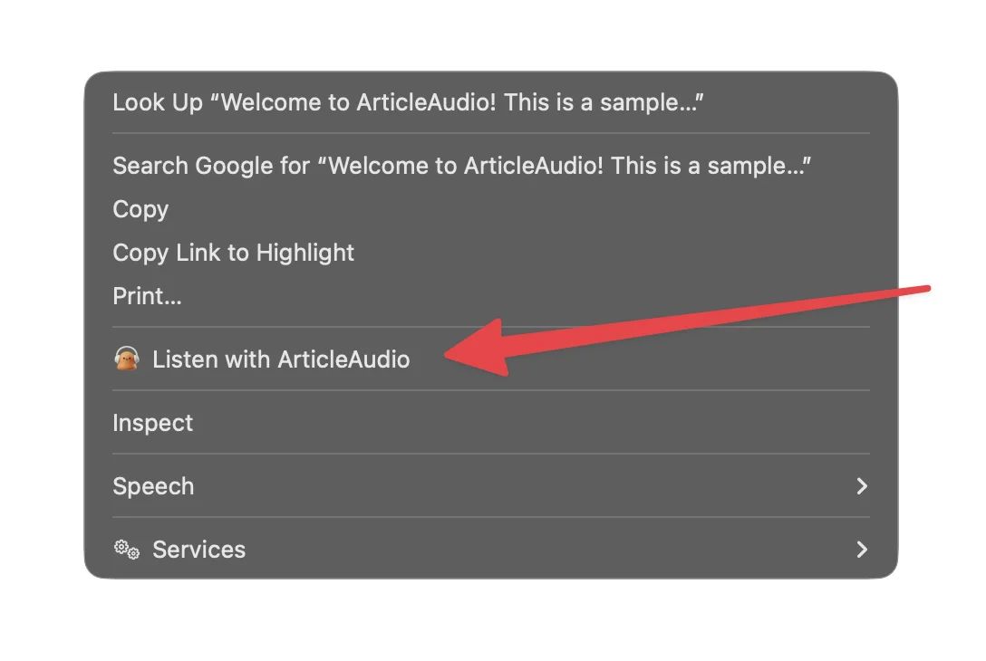 Right-click context menu showing 'Listen with ArticleAudio'