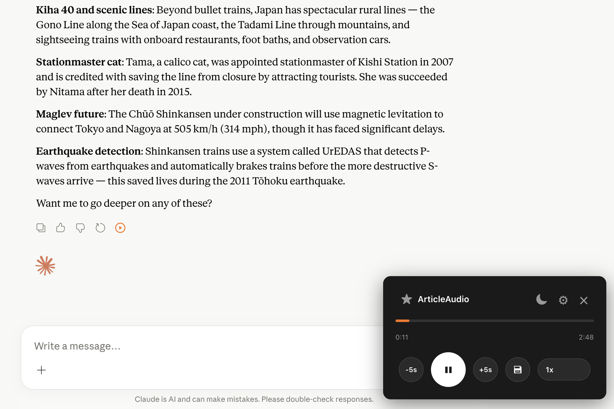 ArticleAudio classic player controls open over a Claude response