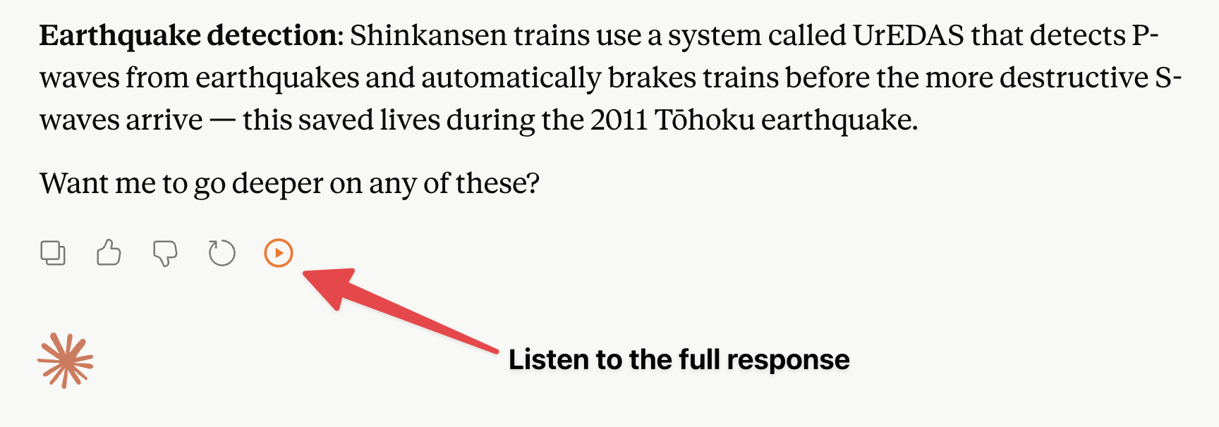 A labelled ArticleAudio button for listening to the full Claude response without selecting text