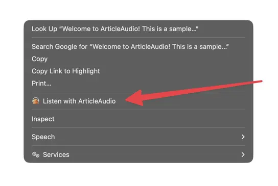 Right-click context menu showing Listen with ArticleAudio