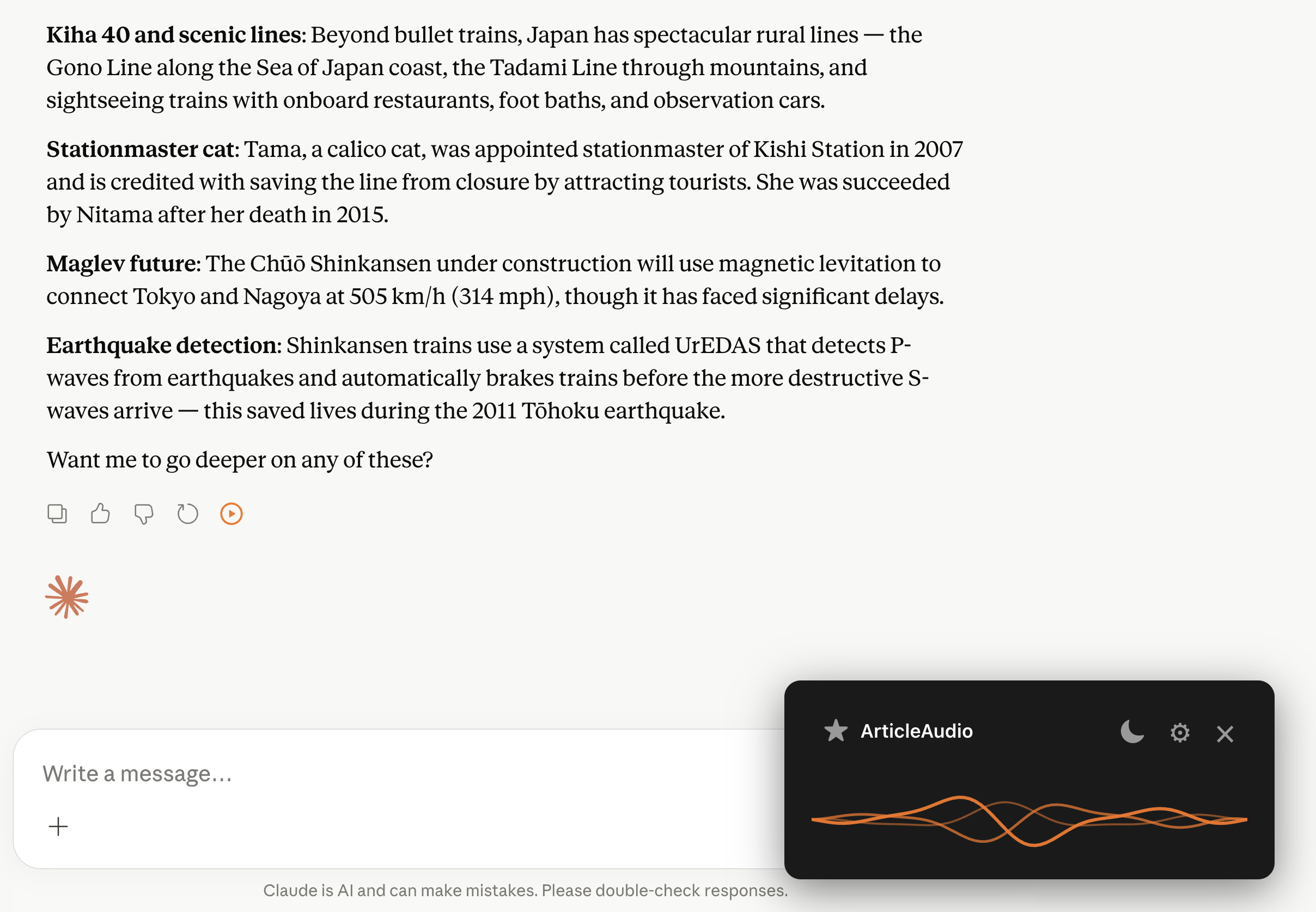 ArticleAudio streaming player open while viewing a Claude response