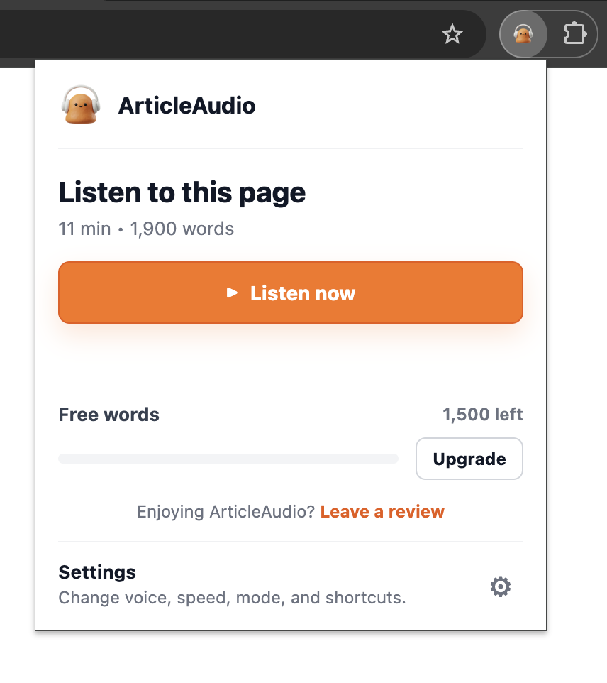 ArticleAudio browser extension popup showing Listen to this page with estimated listening time and word count