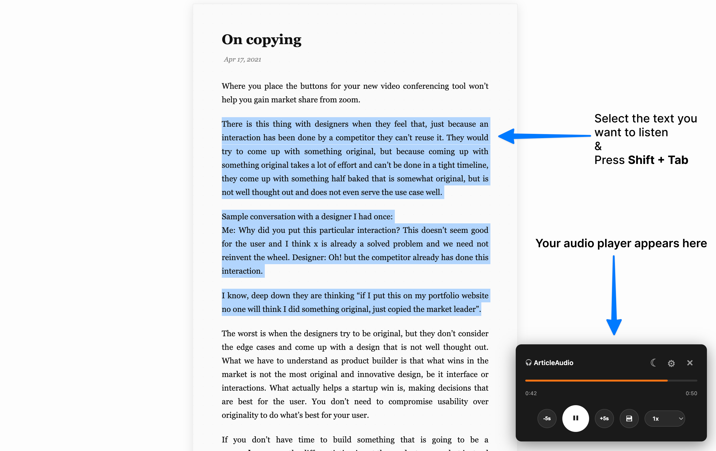 Demo of ArticleAudio TTS Chrome extension - text-to-speech player floating over a Substack article