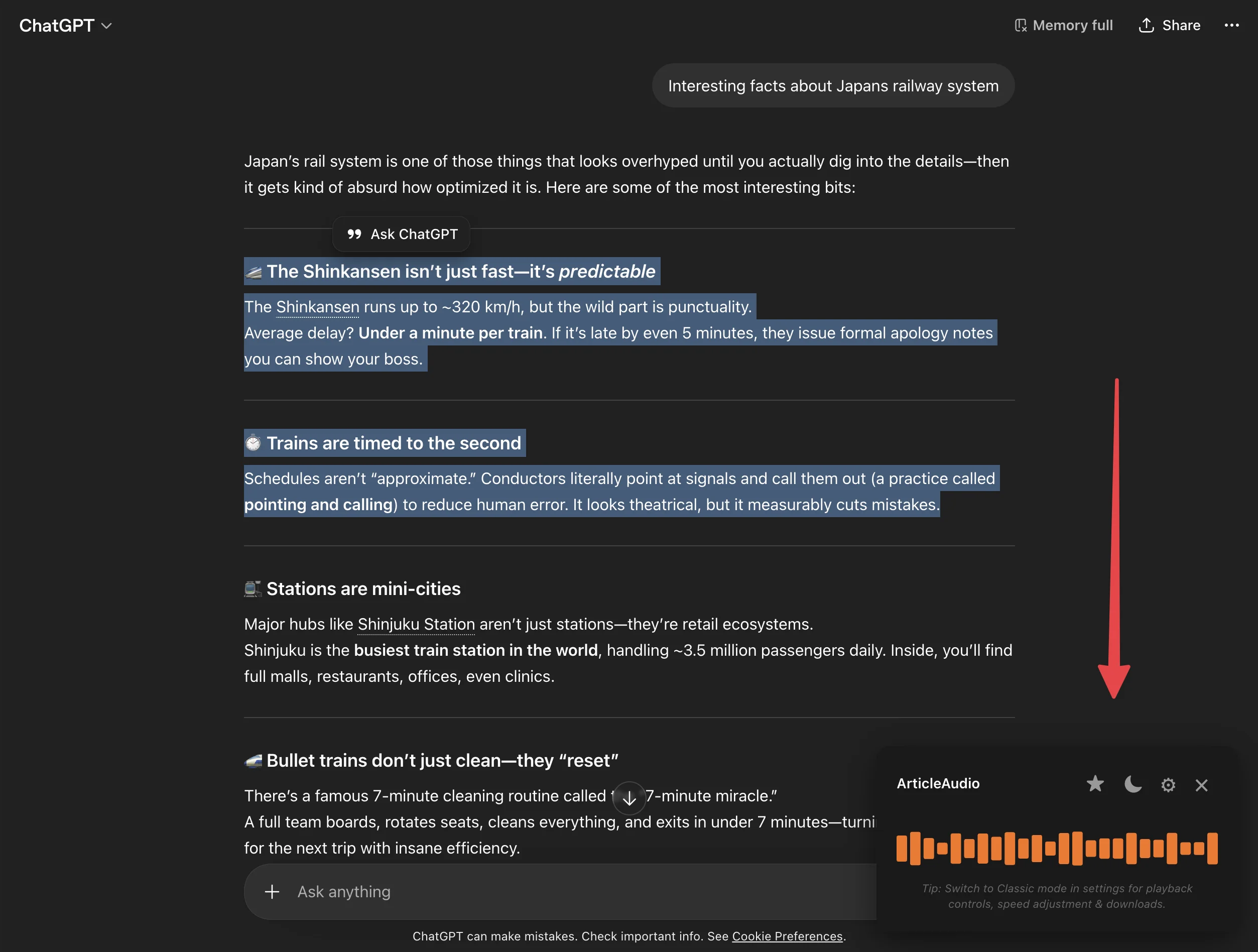 ArticleAudio reading a ChatGPT response — showing the audio player overlay on chatgpt.com