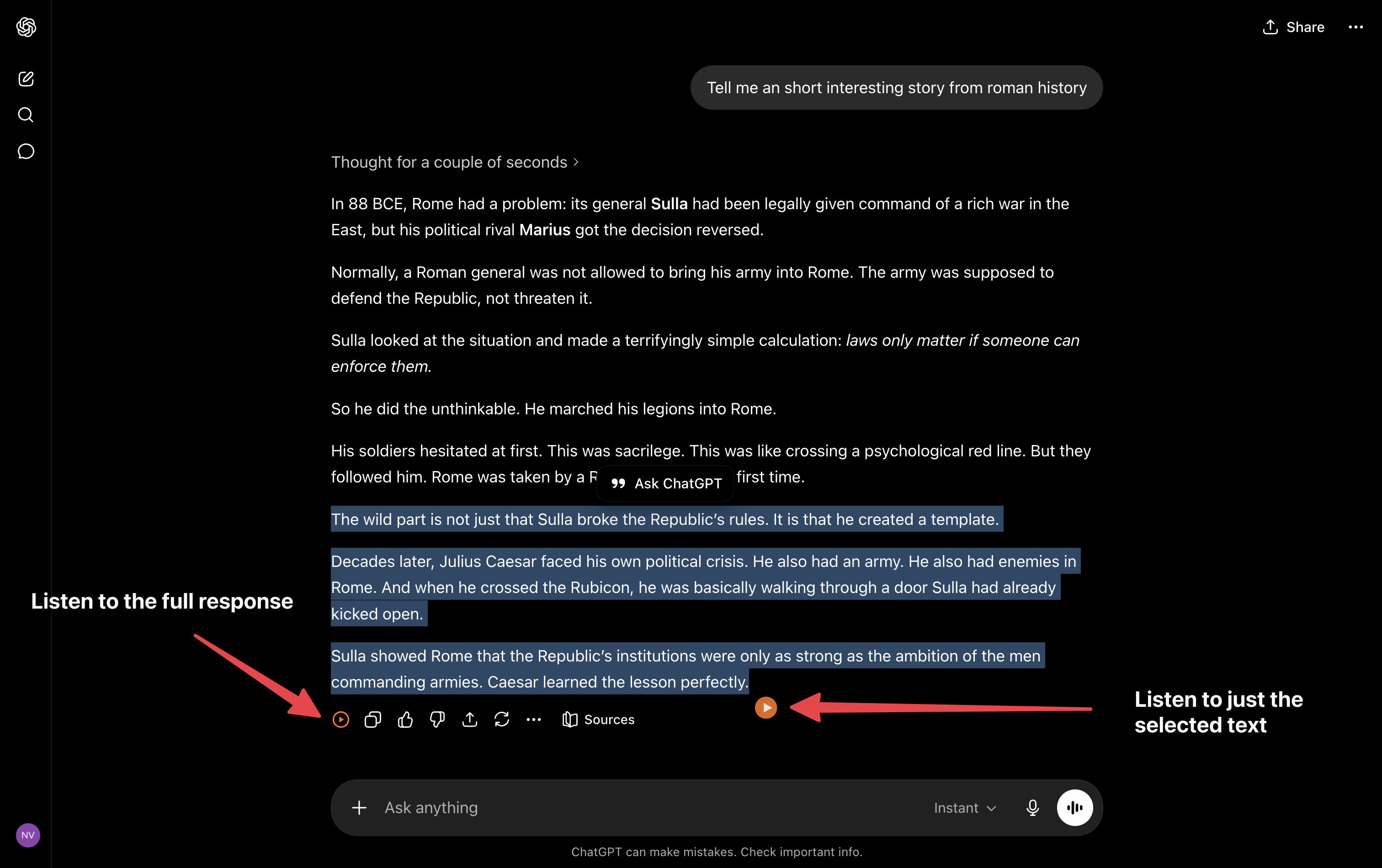 Full ChatGPT window with ArticleAudio buttons labelled for full response and selected text