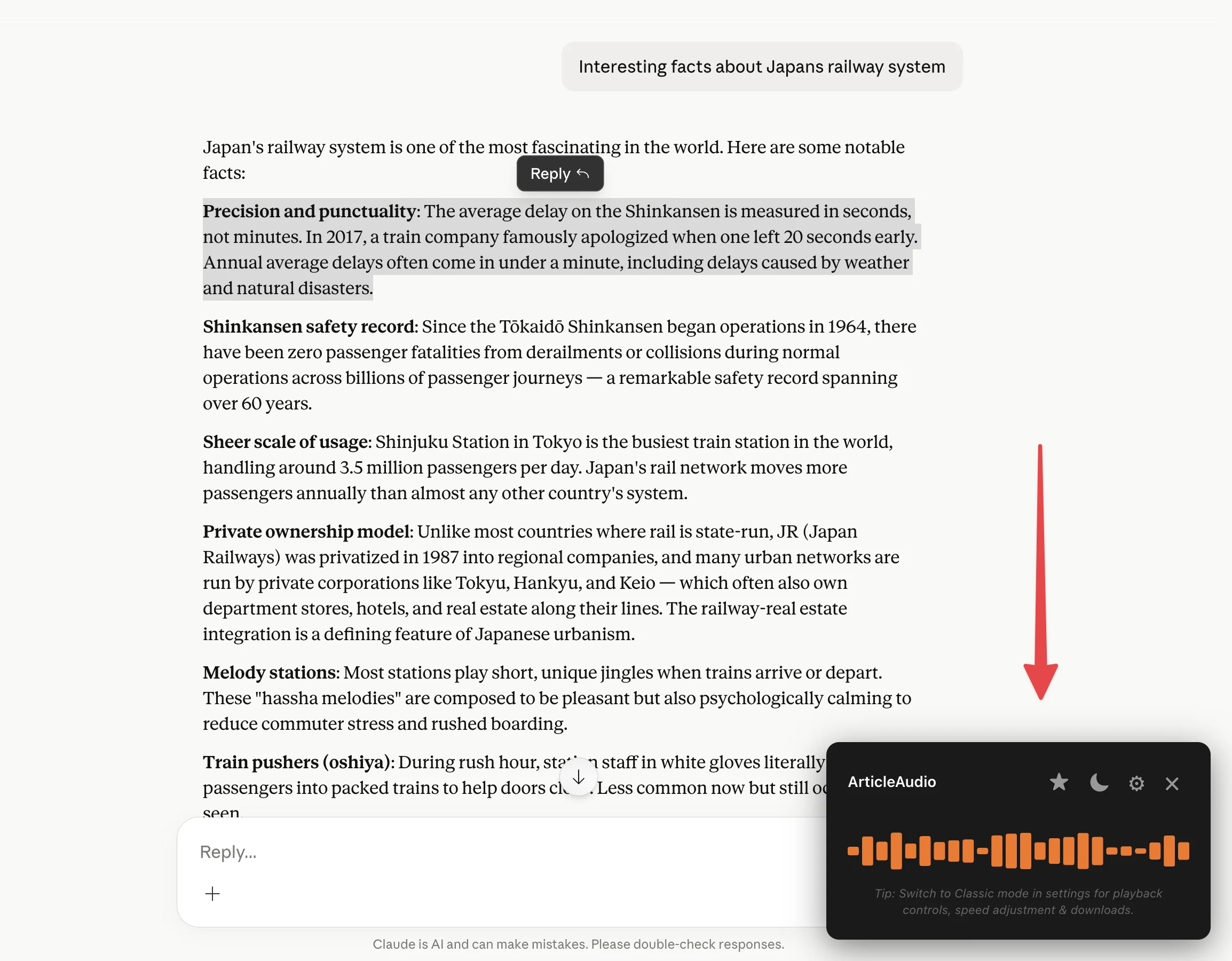 ArticleAudio reading a Claude AI response — showing the audio player overlay on claude.ai
