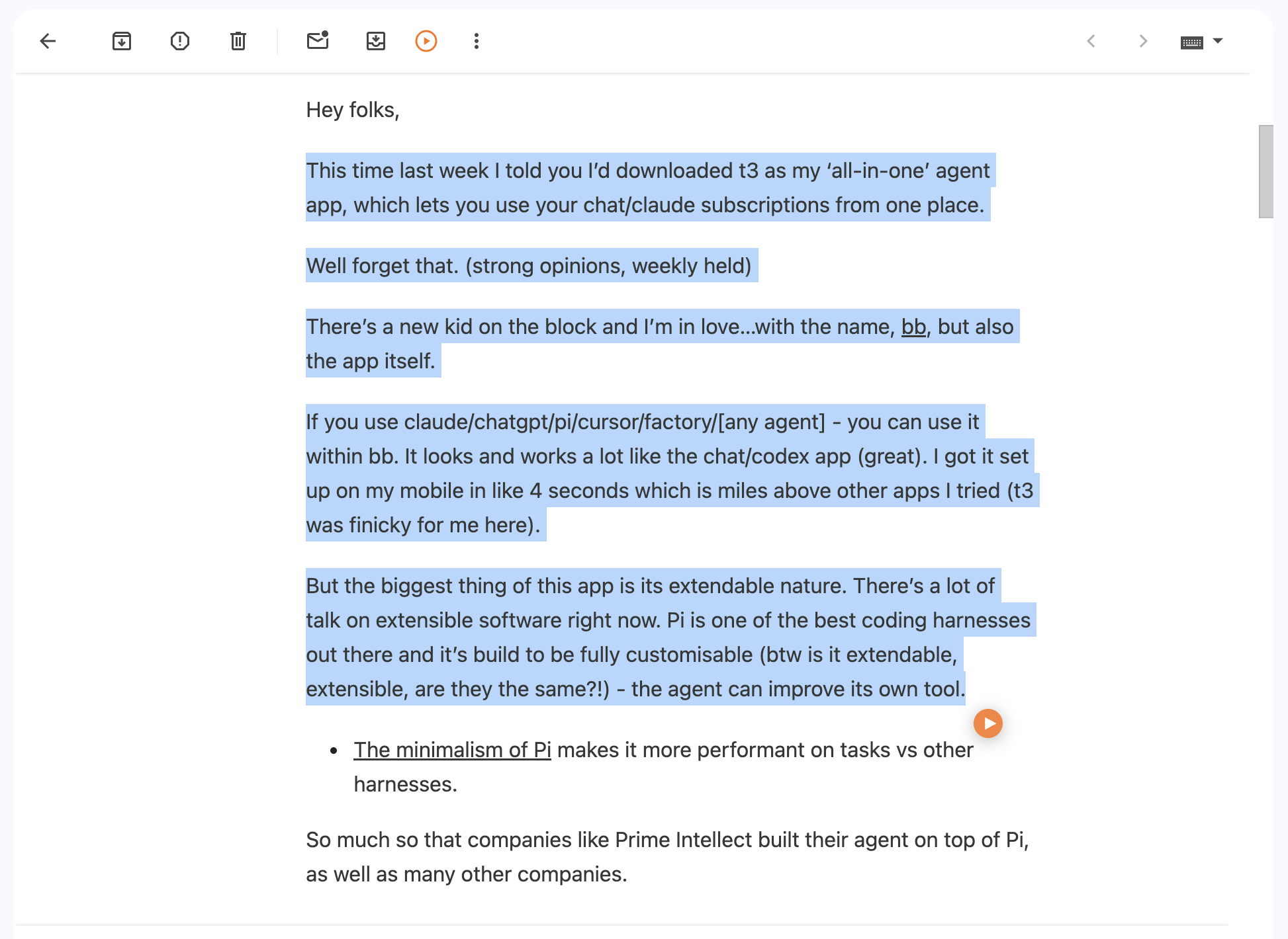 Selected text in a Gmail email with the orange ArticleAudio play button