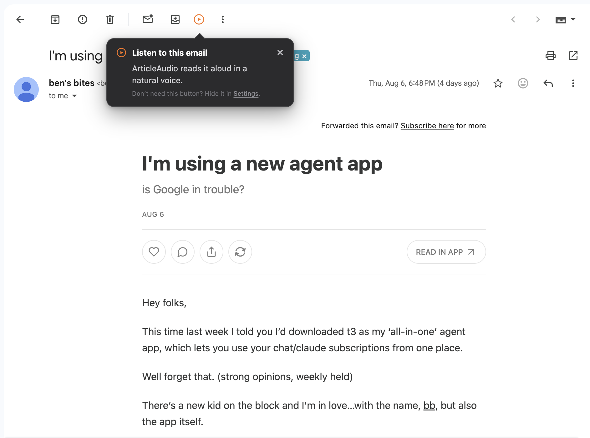 Gmail email with the ArticleAudio custom helper pointing to the listen button in the toolbar
